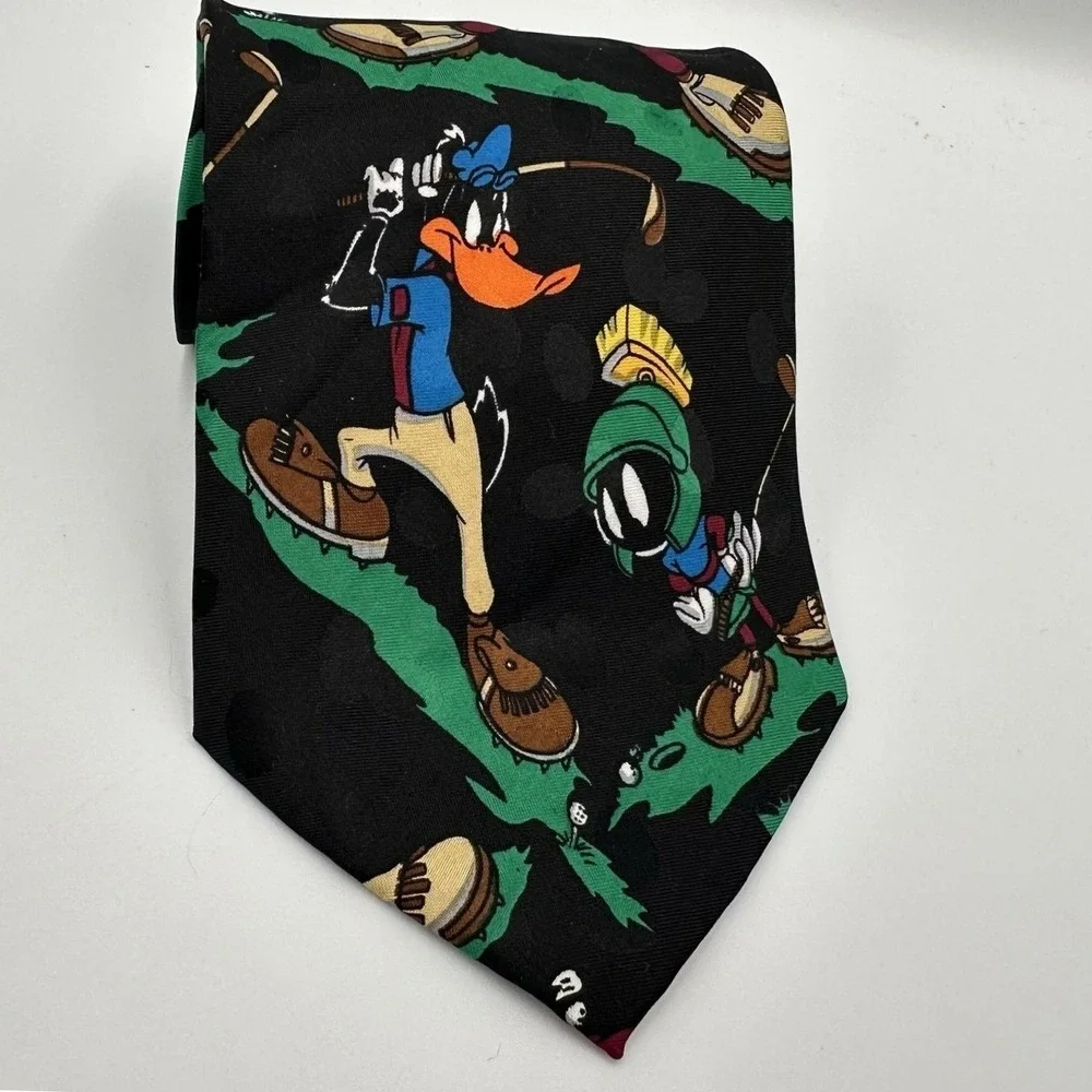 Vintage Looney Tunes Mania Tie Black Daffy Bugs Taz‎ Golf Cartoon 90s Polyester